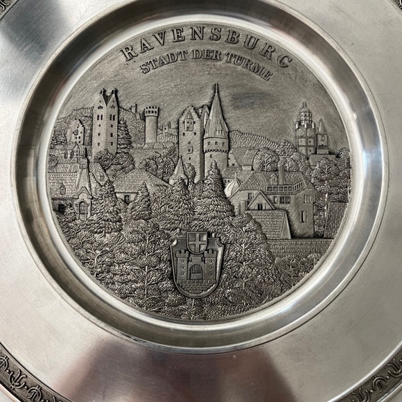 Vintage Handgeossen Rein-Zinn 95% Pewter 3D 9” Plate Ravensburg Stadt Der Turme - Picture 5 of 7